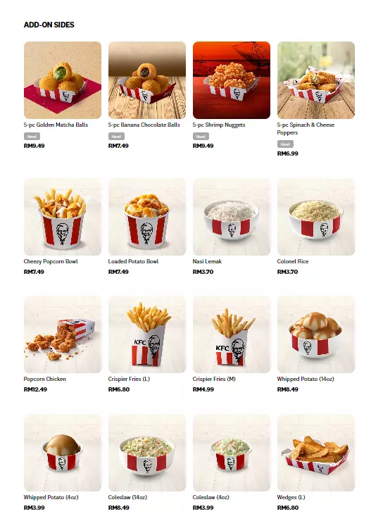 Menu KFC Add-on Sides Prices