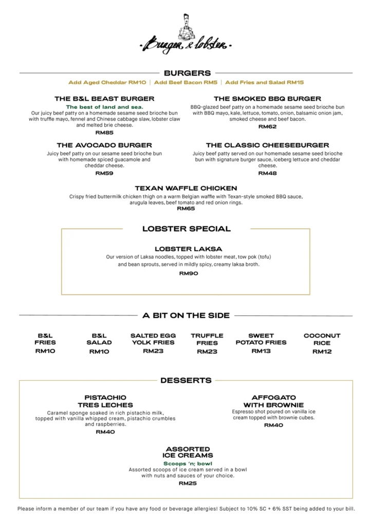 BURGER AND LOBSTER BURGER PRICES