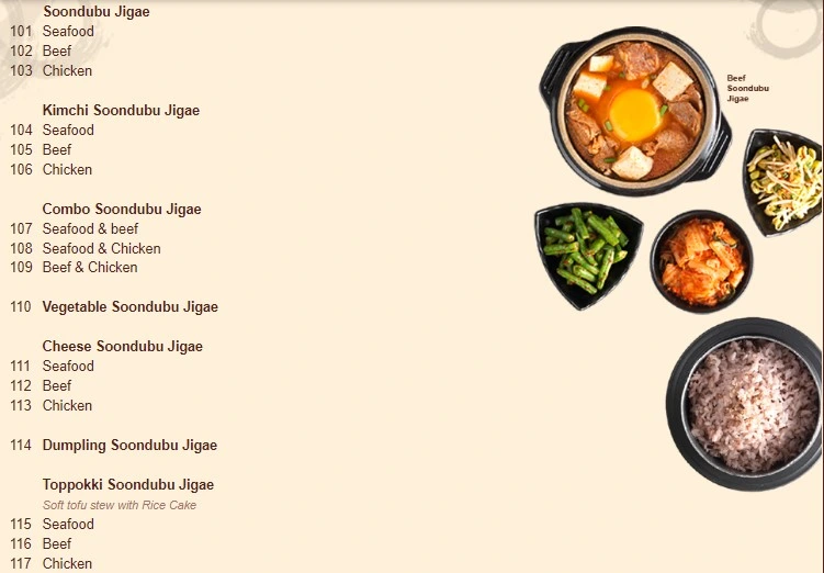 DUBUYO SOONDUBU JIGAE MENU WITH PRICES