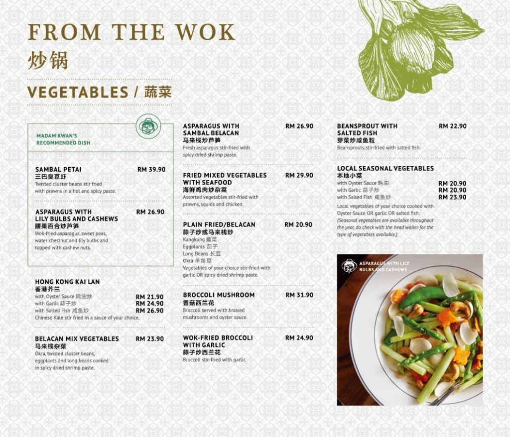 MADAM KWAN VEGETABLES MENU PRICES