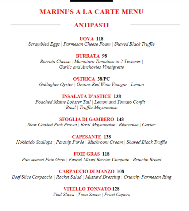 MARINI 57 A LA CARTE MENU WITH PRICES