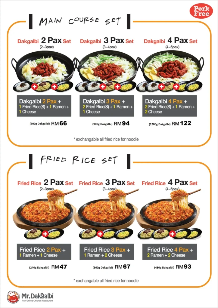 MR. DAKGALBI MAIN COURSE SET PRICES