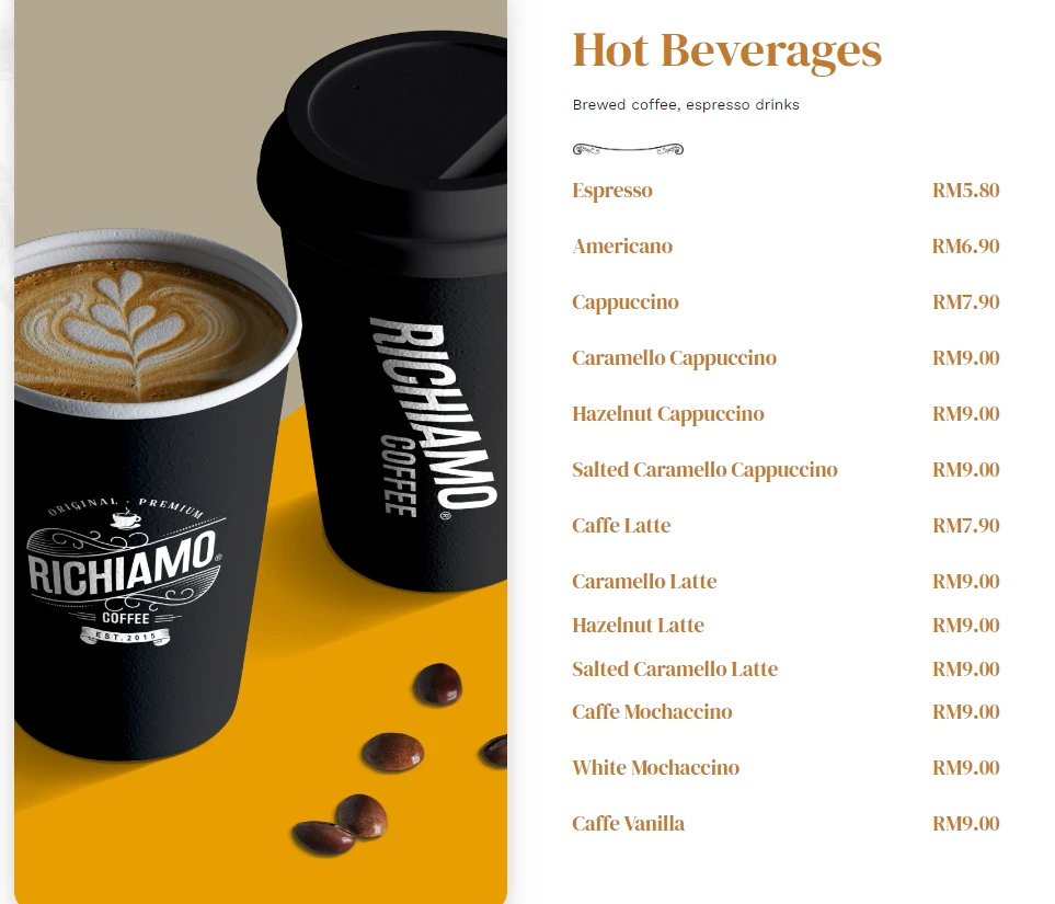 RICHIAMO COFFEE MENU HOT BEVERAGES PRICES