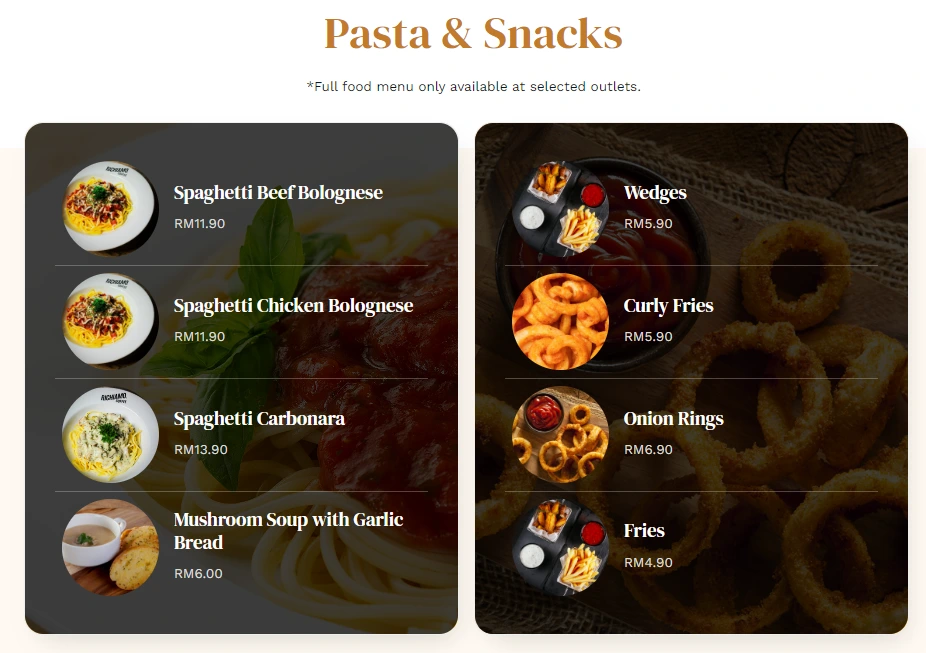 RICHIAMO COFFEE PASTA & SNACKS PRICES