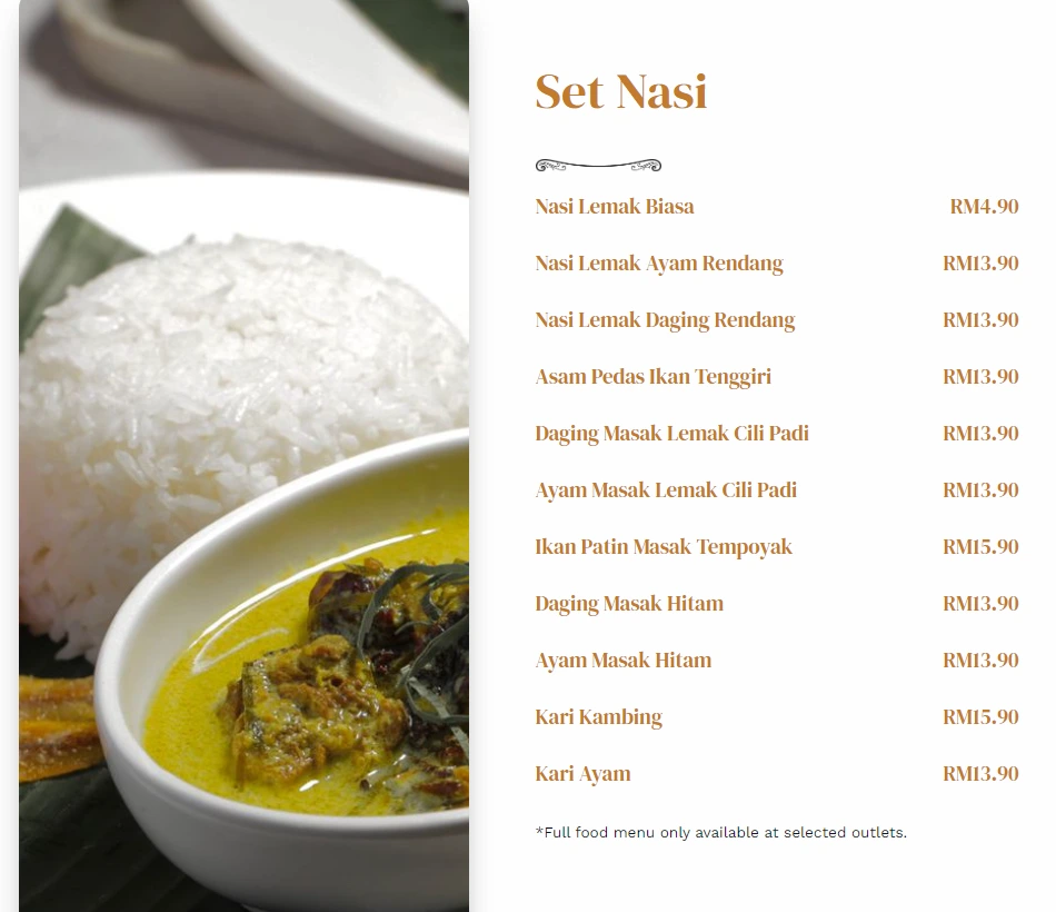 RICHIAMO COFFEE SET NASI MENU WITH PRICES