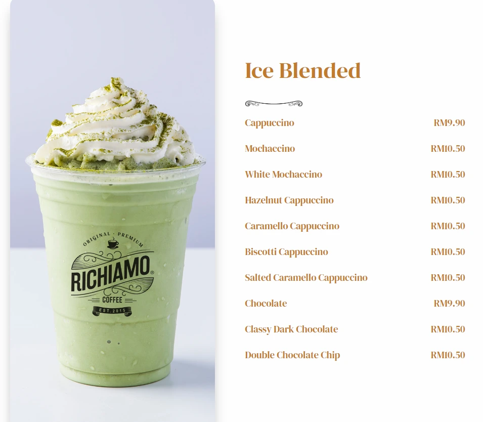 RICHIAMO MENU ICE BLENDED PRICES