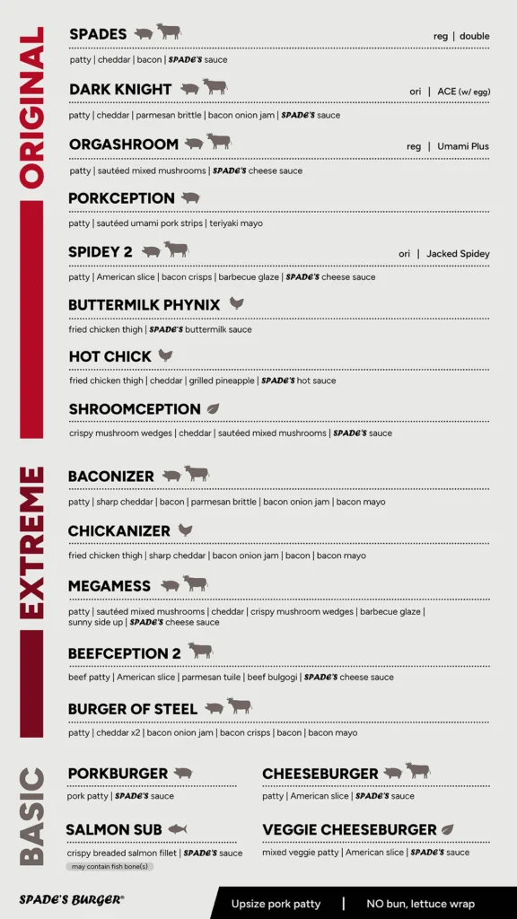 MENU SPADE BURGER ONLINE EXCLUSIVE PRICES