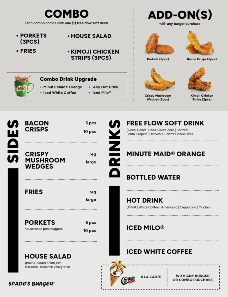 MENU SPADE BURGER ORIGINAL PRICES