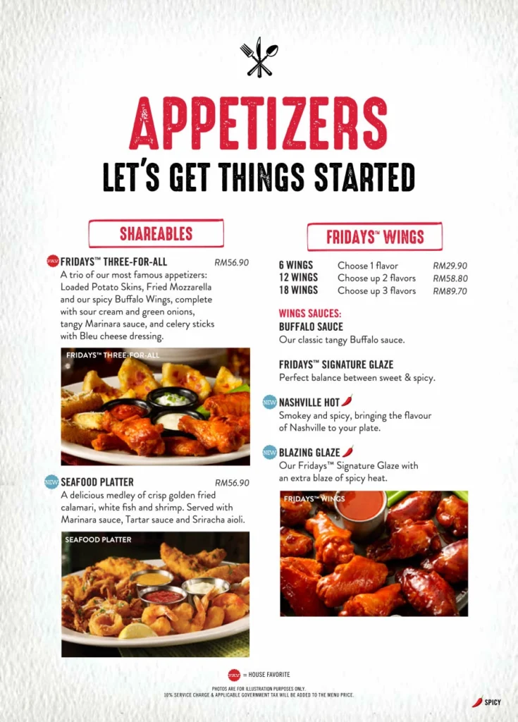 TGI FRIDAYS APPETIZERS MENU WITH PRICES