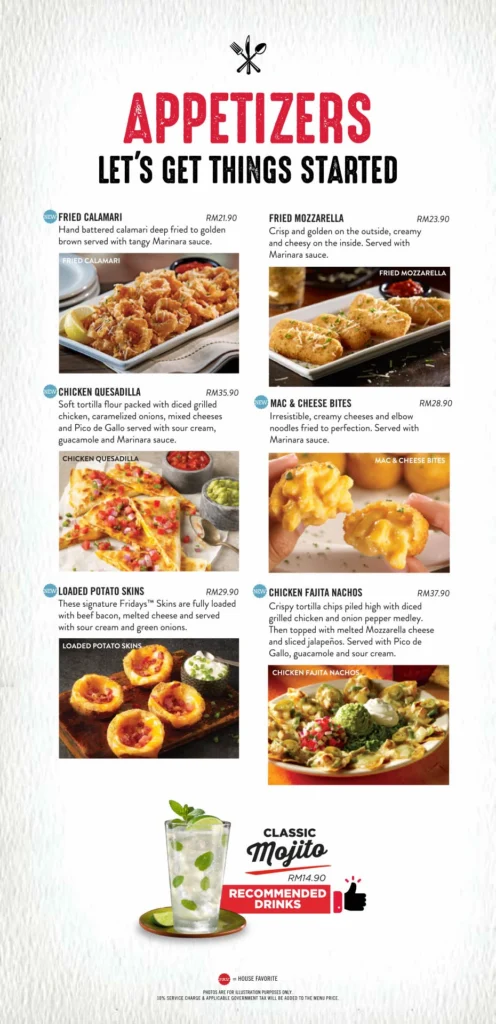 TGI FRIDAYS APPETIZERS MENU WITH PRICES
