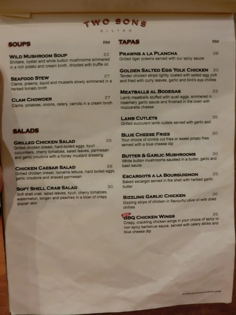 Two Sons Bistro Menu Malaysia & Latest Prices 2024