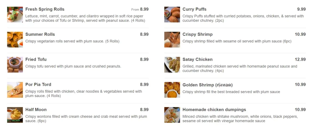 AROI THAI APPETIZERS PRICES