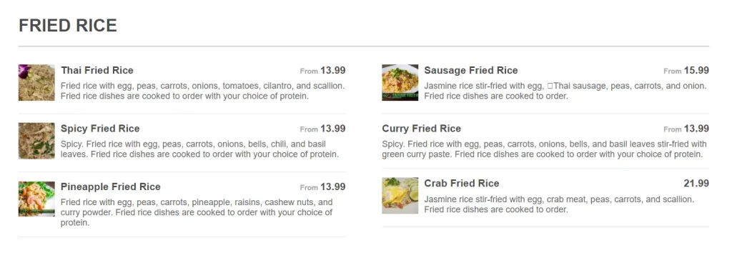 AROI THAI FRIED RICE PRICES