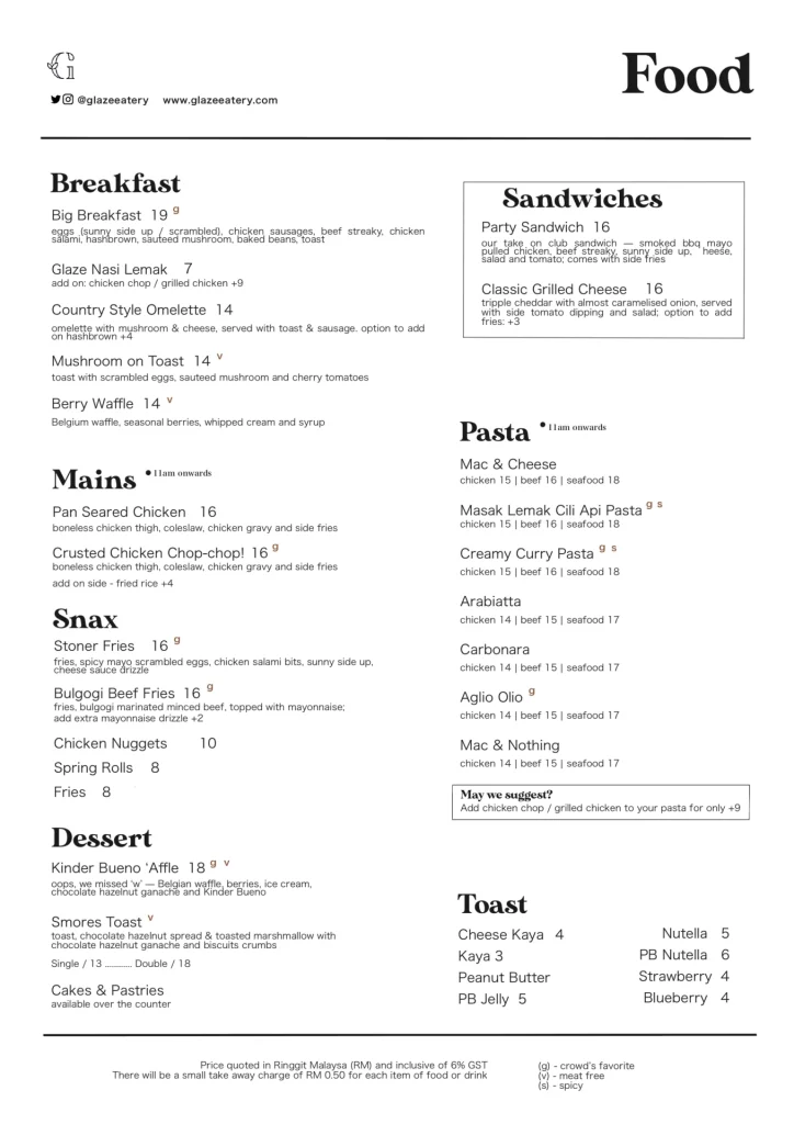 MENU GLAZE EATERY PASTA PRICES