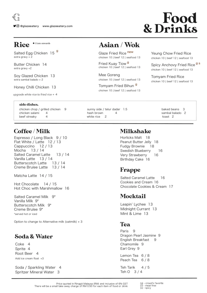 MENU GLAZE EATERY PASTA PRICES