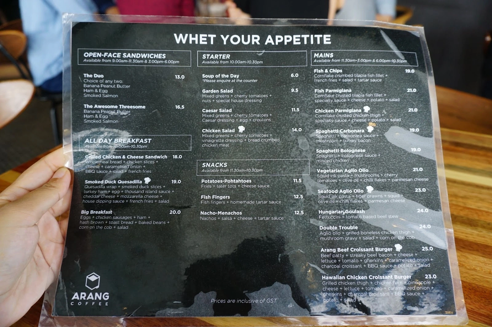 Arang Coffee Menu