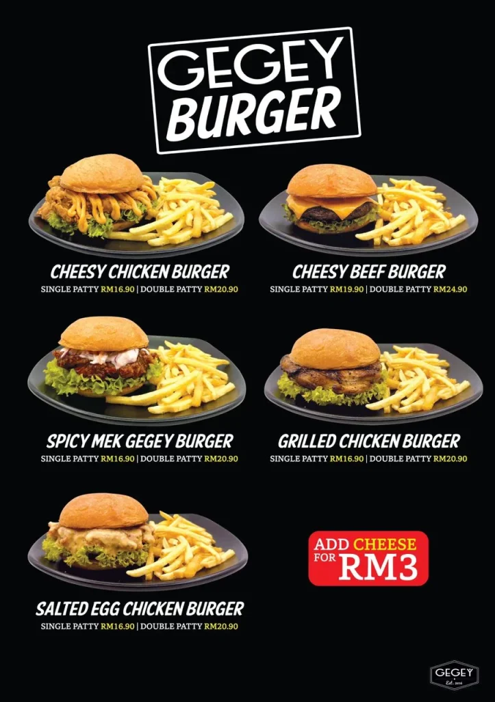 GEGEY BURGERS MENU PRICES