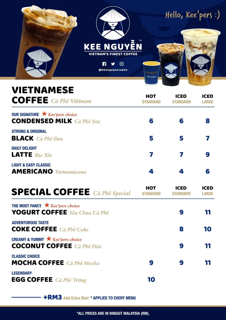 MENU KEE NGUYEN SPECIAL COFFEES PRICES