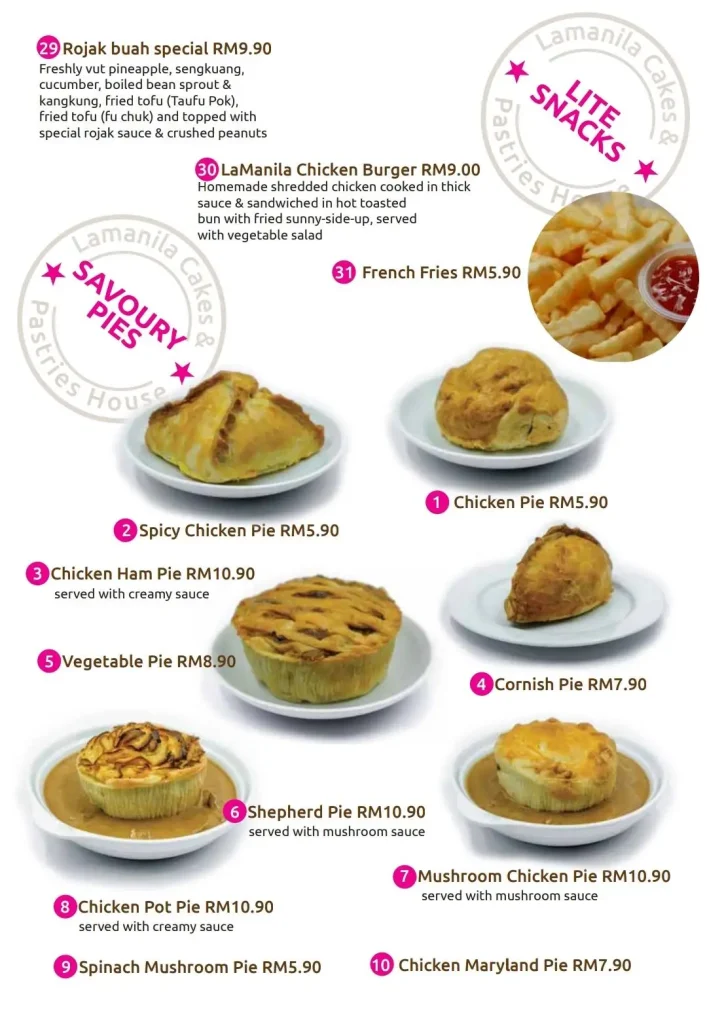 LAMANILA MENU SAVOURY PIES PRICES