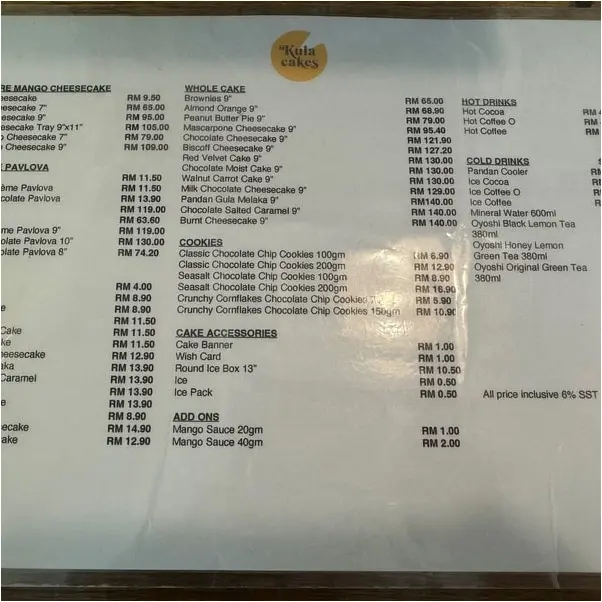 Kula Cakes Menu