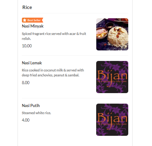 BIJAN MENU RICE PRICES