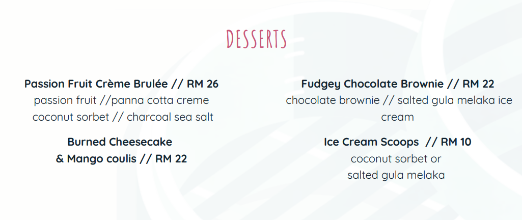 CONCUBINE DESSERTS MENU PRICES