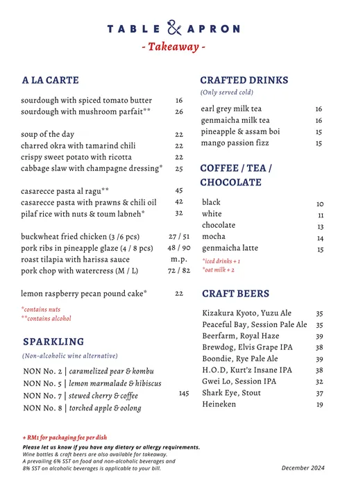 Table & Apron Menu Malaysia & Latest Prices 2024