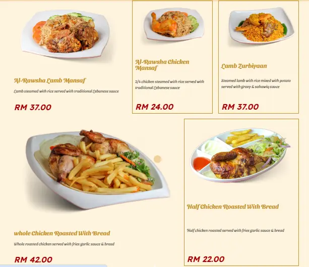 AL-RAWSHA MENU ARABIC DISHES PRICES