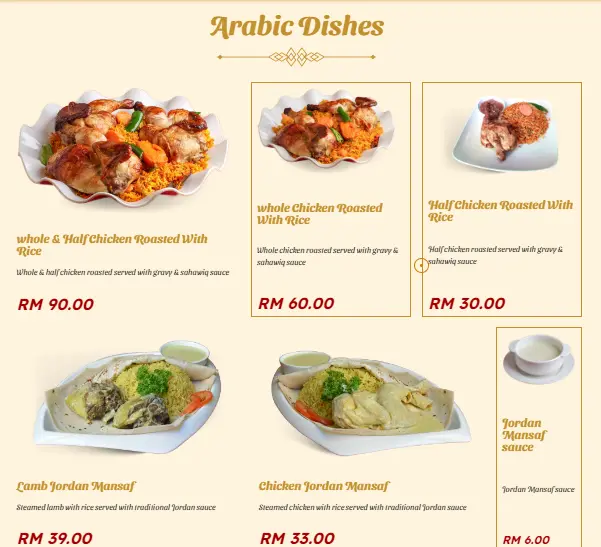 AL-RAWSHA MENU ARABIC DISHES PRICES