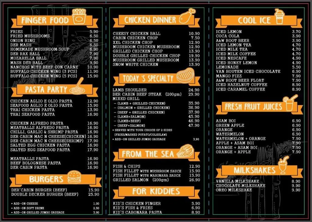 DER CABIN CHICKEN MENU WITH PRICES