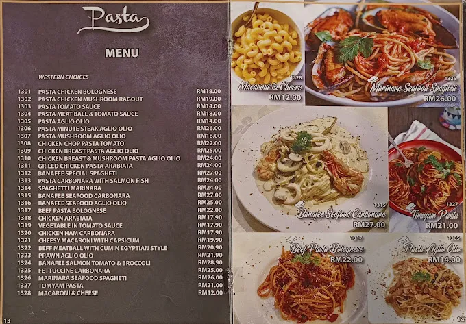 MENU BANAFEE VILLAGE PASTA PRICES