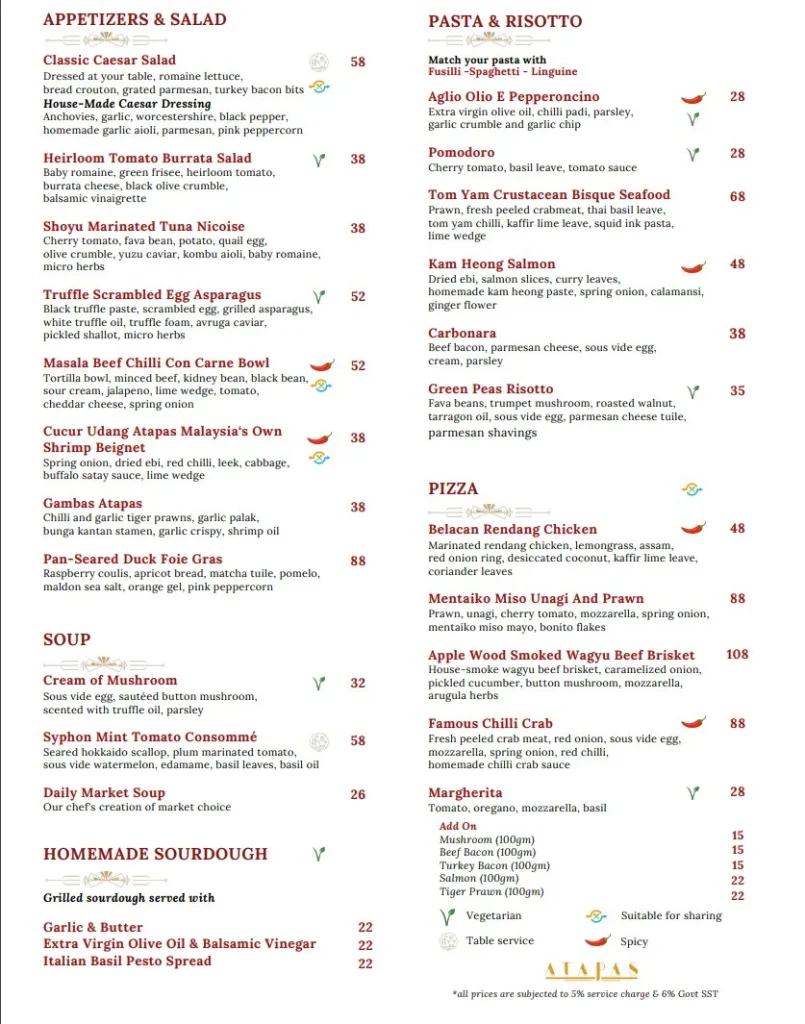 ATAPAS APPETISERS & SALAD MENU WITH PRICES