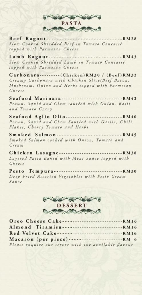 MENU AME SOEUR PASTA PRICES