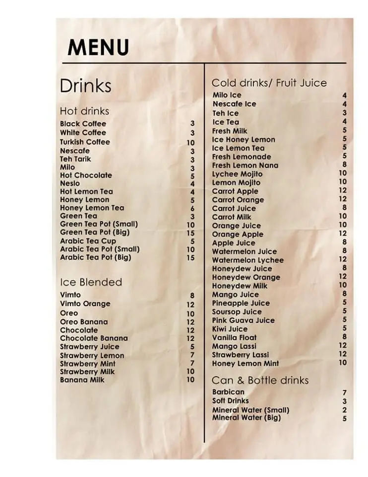 MOZER’S HOT BEVERAGES PRICES