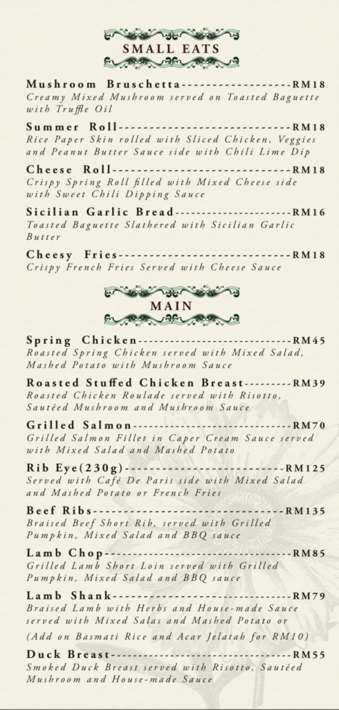 THE AME SOEUR MAIN MENU PRICES